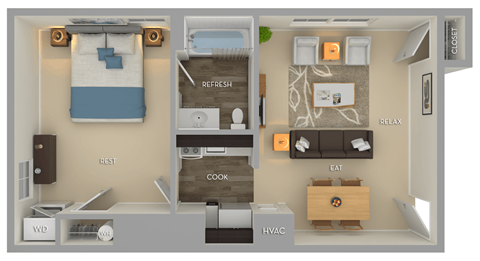 Floor plan for 1 bed, 1 bath, 448 sqft